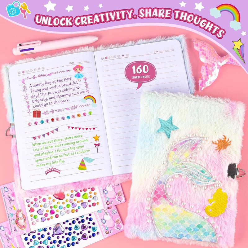 ASTEN Diary with Lock, 6 7 8 Year Old Girl Birthday Gift, Journal for Girls Ages 8-12, Kids Journal for Little Girl, Cute Notebook with Multicolors Pen and Purse, Locking Diary Fuzzy Mermaid Notebook (Pink) - Image 5